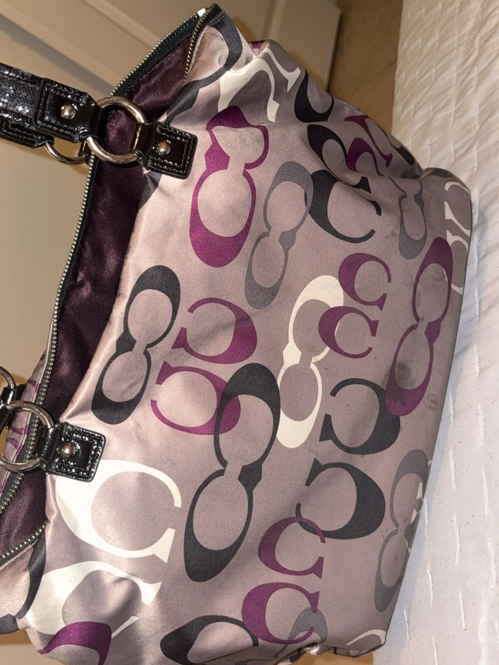 Coach Gray and Purple Signature Print Shoulder Tote - Picture 4 of 5